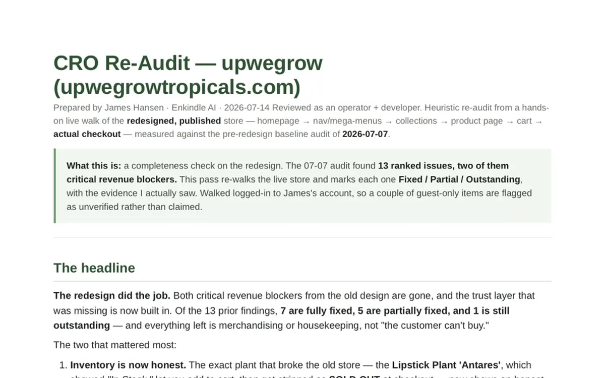 The top of the conversion re-audit document for upwegrowtropicals.com, prepared by James Hansen and dated 2026-07-14: a summary box noting the earlier audit found 13 ranked issues, two of them critical revenue blockers, above the start of the headline findings.