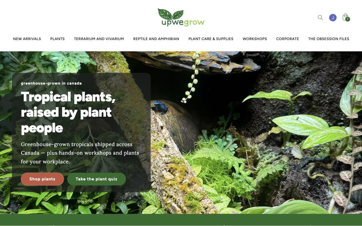 The redesigned Upwegrow Tropicals storefront homepage: full category navigation, a headline reading Tropical plants, raised by plant people, and a Shop plants button.